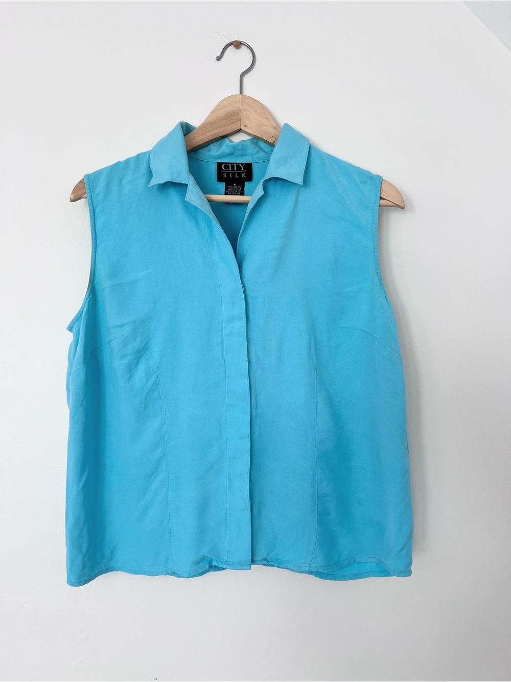 Vintage 100% Silk Sleeveless Blouse, Button Down, Turquoise, Women's Medium